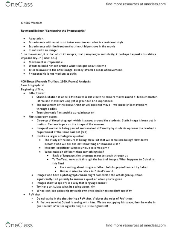 CIN307H5 Lecture Notes - Lecture 2: List Of Amusement Rides, Raymond Bellour, Afterimage thumbnail