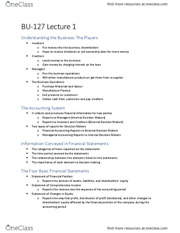 BU127 Lecture Notes - Lecture 1: International Financial Reporting Standards, Retained Earnings, Financial Statement thumbnail
