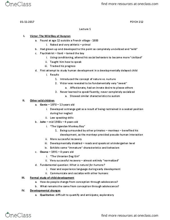 PSYCH 212 Lecture 1: PSYCH 212 Lecture 1 - Wild Children and Intro to Child Development thumbnail