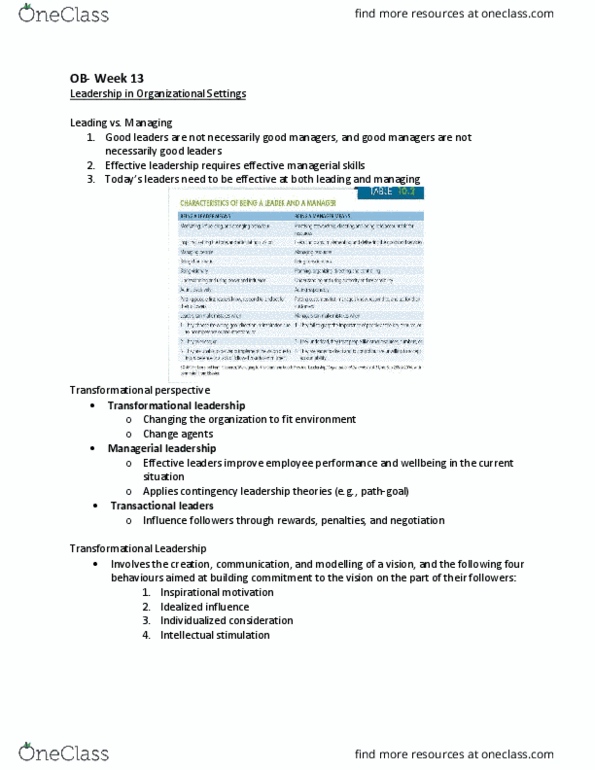 MHR 405 Lecture Notes - Lecture 13: Transformational Leadership, Fundamental Attribution Error, Situational Leadership Theory thumbnail