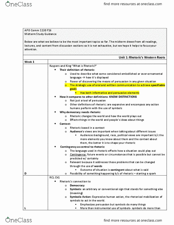 COMM 1130 Lecture Notes - Lecture 1: Rhetorical Criticism, Techne, Pathos thumbnail