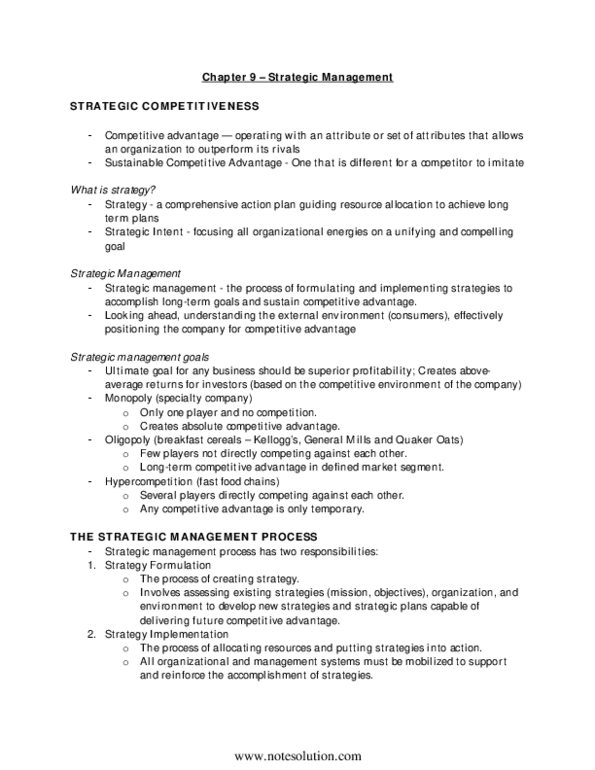 GMS 200 Chapter Notes - Chapter 9: Strategic Management, Strategic Business Unit, Strategic Planning thumbnail