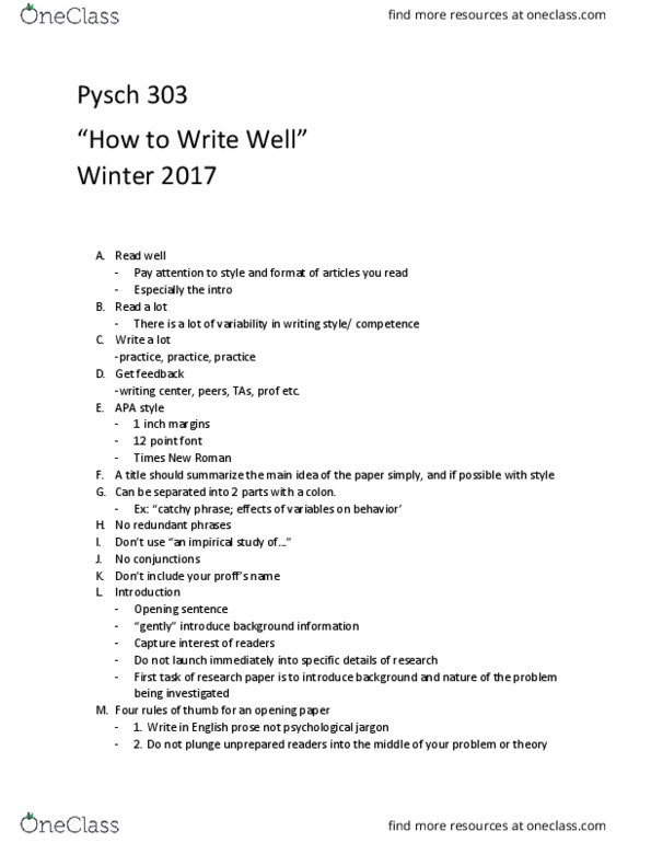 PSY 303 Lecture Notes - Lecture 2: Times New Roman, Apa Style, Writing Center thumbnail
