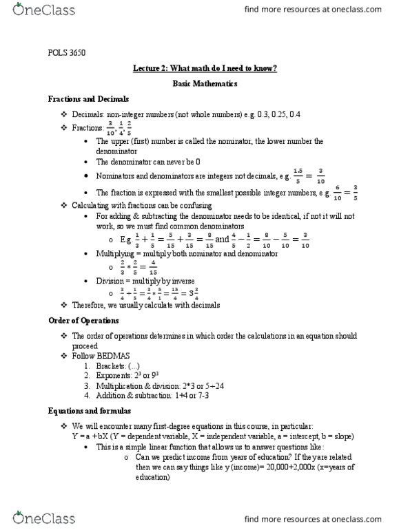 POLS 3650 Lecture Notes - Lecture 2: Elementary Mathematics, Univariate, Standard Deviation thumbnail