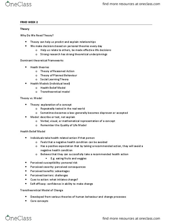 FRHD 1010 Lecture Notes - Lecture 2: Health Belief Model, Transtheoretical Model, Social Learning Theory thumbnail