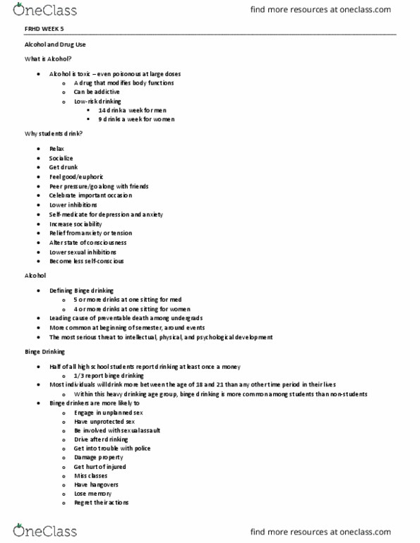 FRHD 1010 Lecture Notes - Lecture 5: Binge Drinking, Alcohol Dehydrogenase, Menstrual Cycle thumbnail