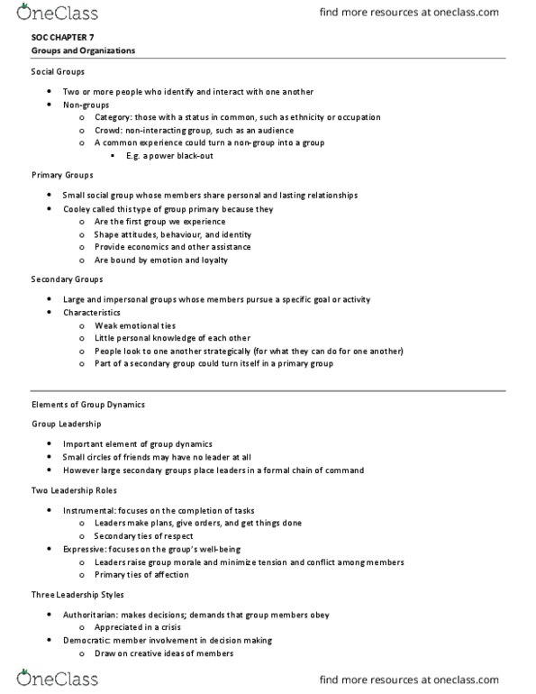 SOC 1100 Chapter Notes - Chapter 7: Pseudoephedrine, Group Dynamics, Social Group thumbnail