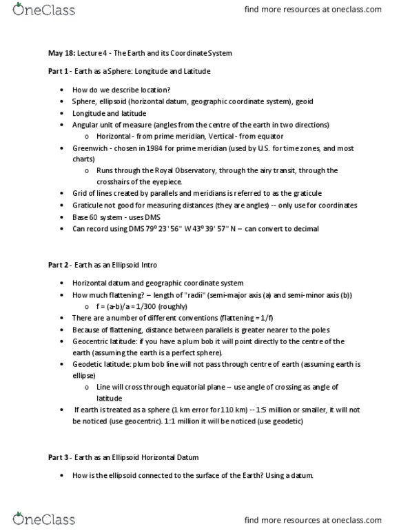 GGR272H1 Lecture Notes - Lecture 4: Latitude, Semi-Major And Semi-Minor Axes, Geographic Coordinate System thumbnail