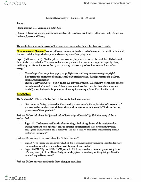 GEOG 3 Lecture Notes - Lecture 11: Semiconductor Device Fabrication, Superfund, Social Inequality thumbnail