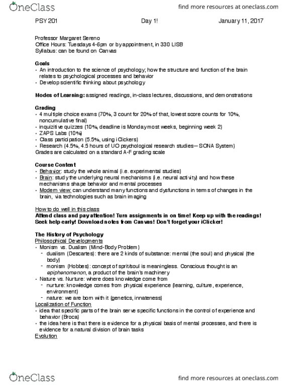 PSY 201 Lecture Notes - Lecture 1: 3 Count, Monism, Psy thumbnail