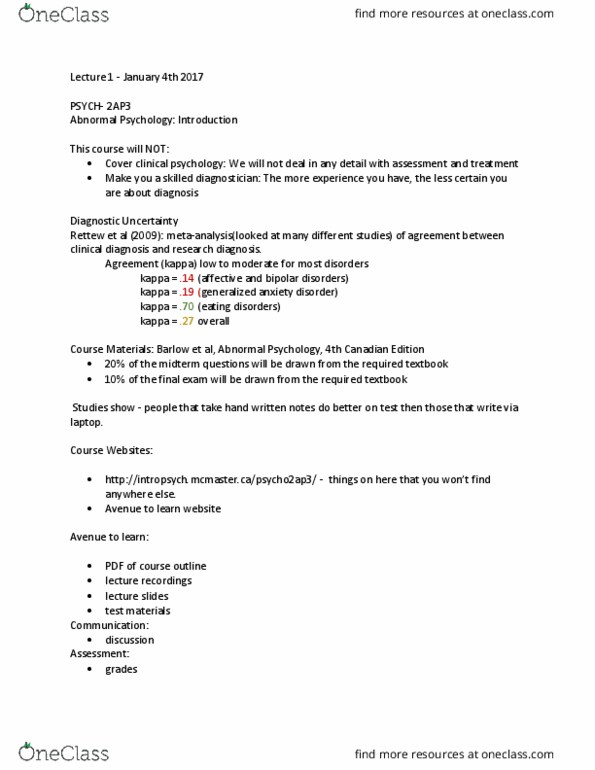 PSYCH 2AP3 Lecture Notes - Lecture 1: Generalized Anxiety Disorder, Meta-Analysis, Psychopathology thumbnail