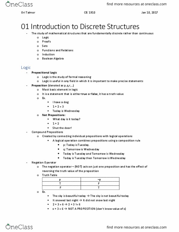 CIS 1910 Lecture Notes - Lecture 1: Truth Table, Snowplow, Logical Disjunction thumbnail