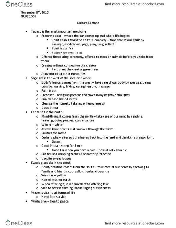 NURS 1000H Lecture Notes - Lecture 7: Medicine Wheel thumbnail