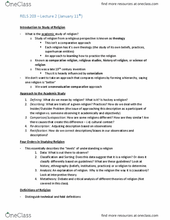 RELS 203 Lecture Notes - Lecture 2: Comparative Religion, Metatheory, Ethnography thumbnail