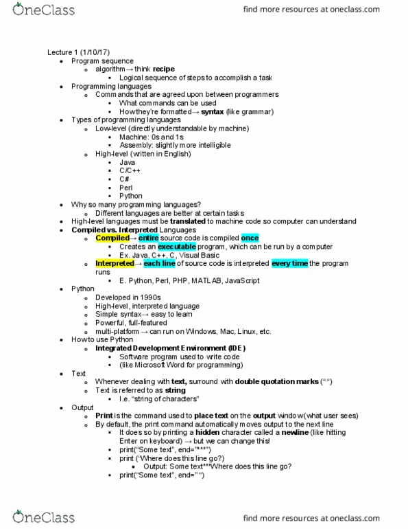 ITP 115 Lecture Notes - Lecture 1: Integrated Development Environment, Interpreted Language, Machine Code thumbnail