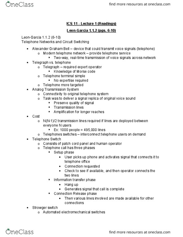 I&C SCI 11 Lecture Notes - Lecture 1: Strowger Switch, Patch Cable, Telephone Call thumbnail