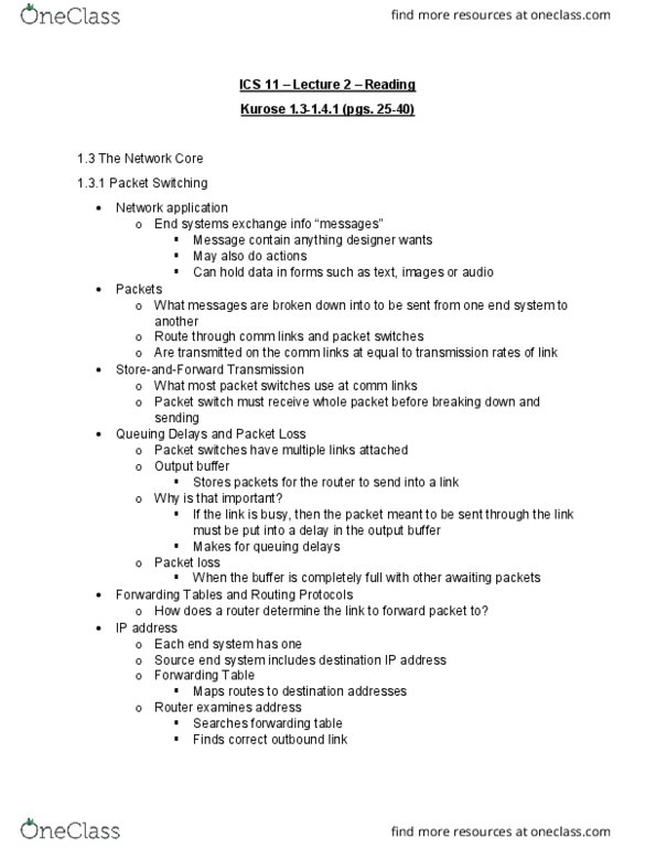I&C SCI 11 Lecture Notes - Lecture 2: Packet Switching, Queuing Delay, Circuit Switching thumbnail