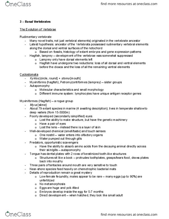 EEB267H1 Lecture Notes - Lecture 3: Autapomorphy, Cyclostomata, Cloaca thumbnail