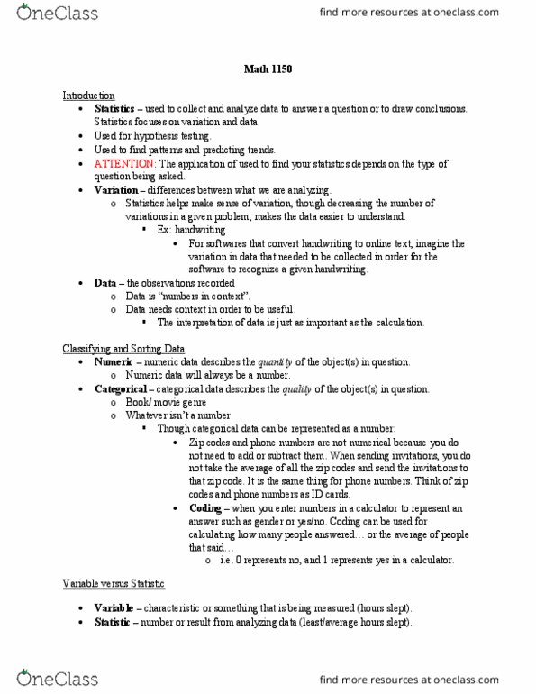 MATH 1150 Lecture Notes - Lecture 1: Zip Code, Categorical Variable, Statistical Hypothesis Testing thumbnail