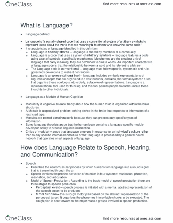 LIN 3713 Lecture Notes - Lecture 1: Language Code, Speech Disorder, Motor Goal thumbnail