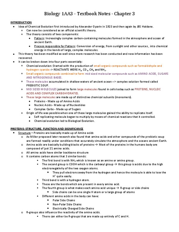 BIOLOGY 1A03 Chapter Notes -Hemoglobin, Chemical Formula, Thiol thumbnail