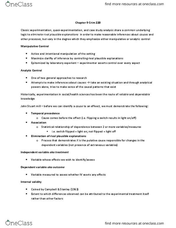 CRIM 220 Lecture Notes - Lecture 9: John Stuart Mill, Internal Validity, Dependent And Independent Variables thumbnail