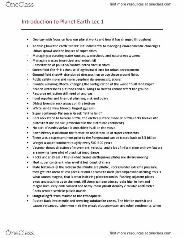 EESA06H3 Lecture Notes - Lecture 1: White Sands, New Mexico, Urban Sprawl, Supercontinent thumbnail