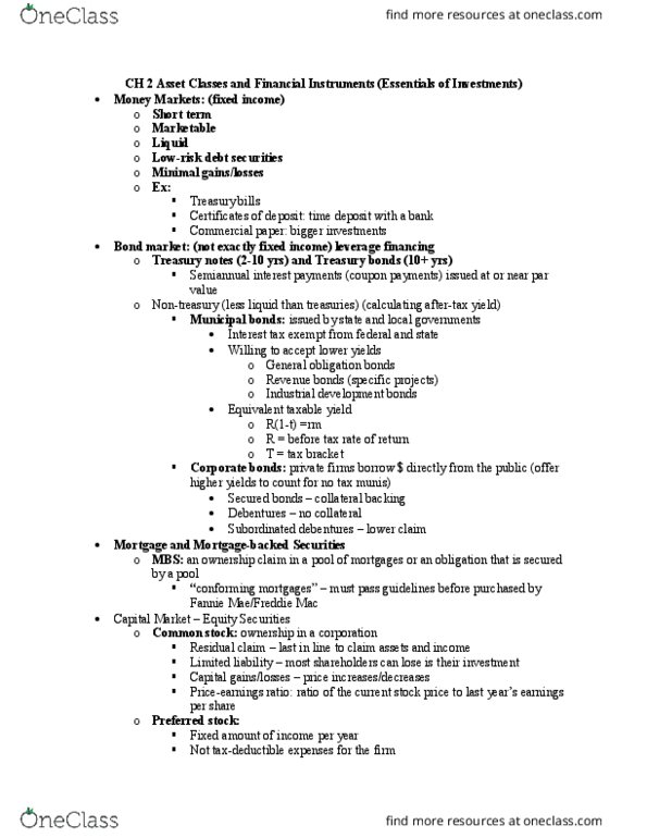 FIN 3300 Chapter Notes - Chapter 2: United States Treasury Security, Tax Bracket, Corporate Bond thumbnail