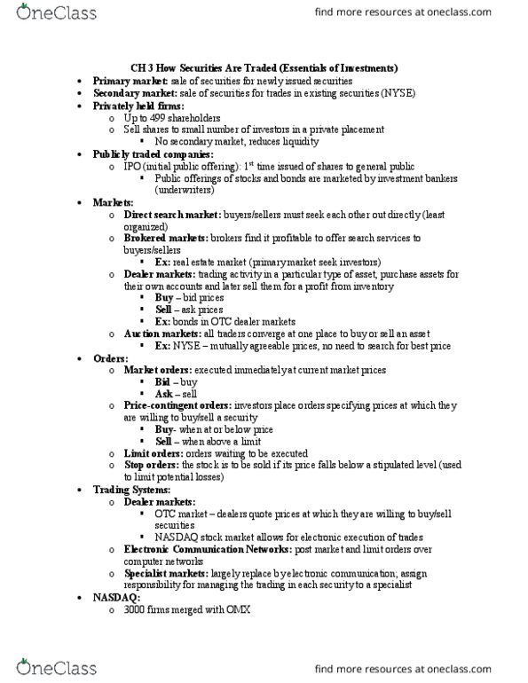FIN 3300 Chapter Notes - Chapter 3: Initial Public Offering, Primary Market, Private Placement thumbnail