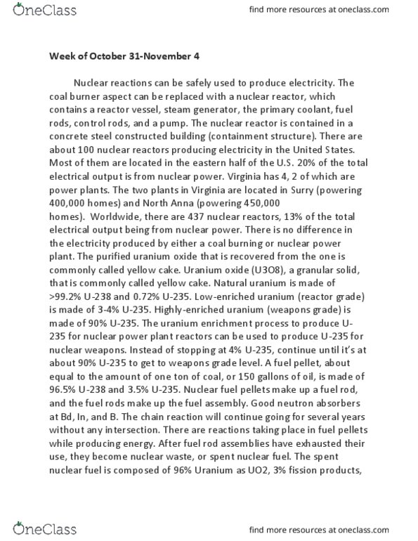 CHEM 110 Lecture Notes - Lecture 8: Nuclear Fission Product, The Chain Reaction, Nuclear Fuel thumbnail