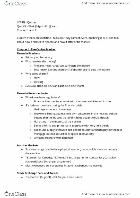 AFM121 Lecture Notes - Lecture 3: Canadian Securities Institute, Stock Exchange, Financial Regulation thumbnail