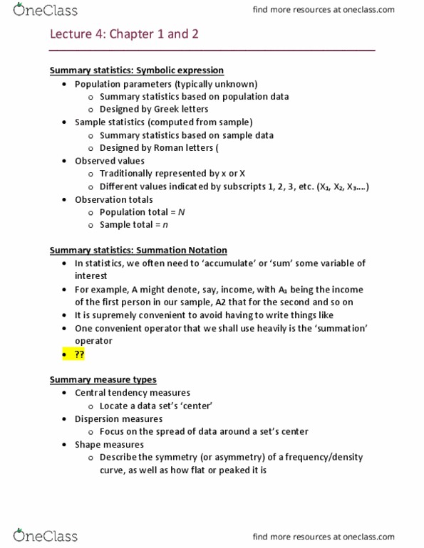 ECON 2B03 Lecture Notes - Lecture 4: Summary Statistics, Central Tendency, Categorical Variable thumbnail