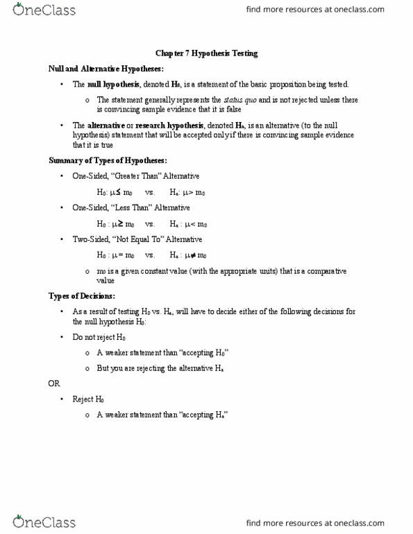 COMM 207 Lecture Notes - Lecture 2: Type I And Type Ii Errors, Null Hypothesis, Test Statistic thumbnail