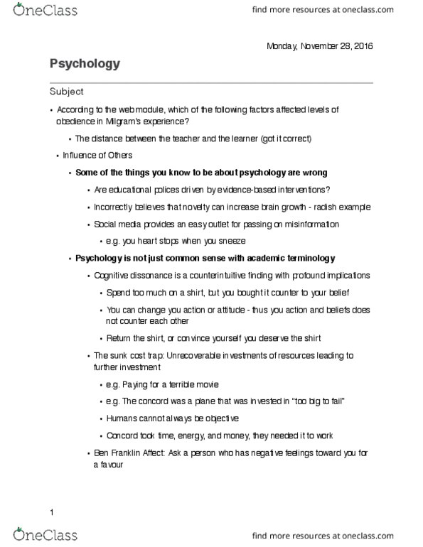 PSYCH 1X03 Lecture Notes - Lecture 3: Cognitive Dissonance, Neural Coding, Sunk Costs thumbnail