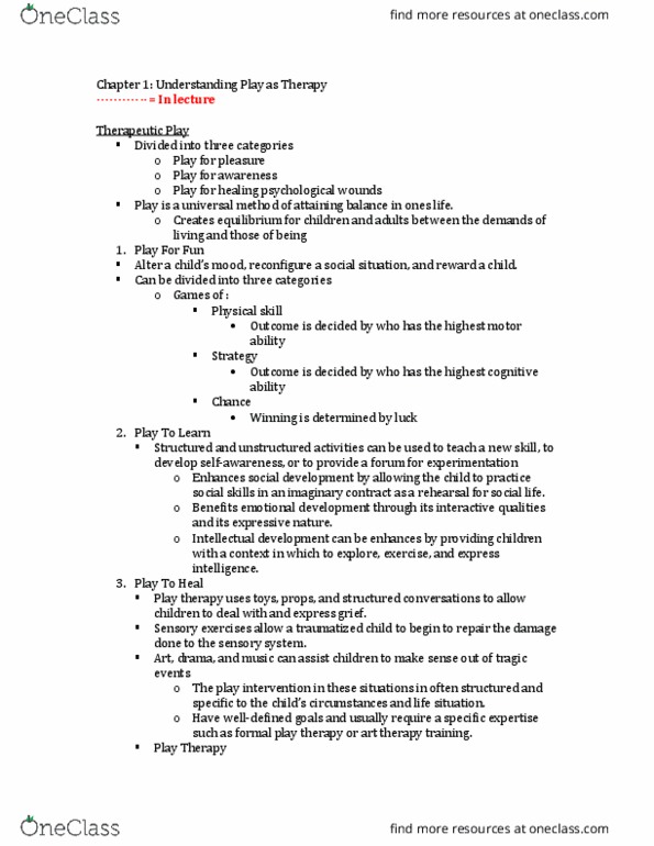 CYC 302 Lecture Notes - Lecture 2: Play Therapy, Art Therapy, Sensory System thumbnail