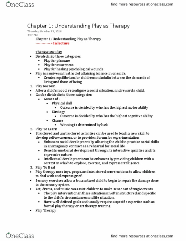 CYC 302 Lecture Notes - Lecture 6: Play Therapy, Art Therapy, Sensory System thumbnail