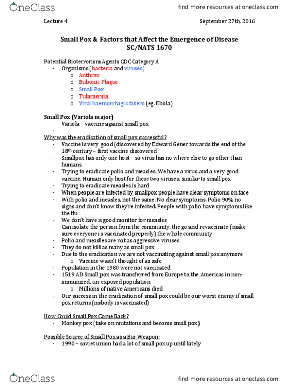 NATS 1670 Lecture Notes - Lecture 4: Smallpox, Bubonic Plague, Tularemia thumbnail