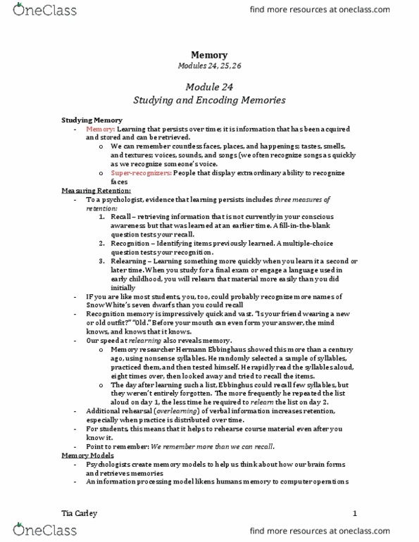 PSYC 1010 Lecture Notes - Lecture 8: Frontal Lobe, Explicit Memory, Implicit Memory thumbnail