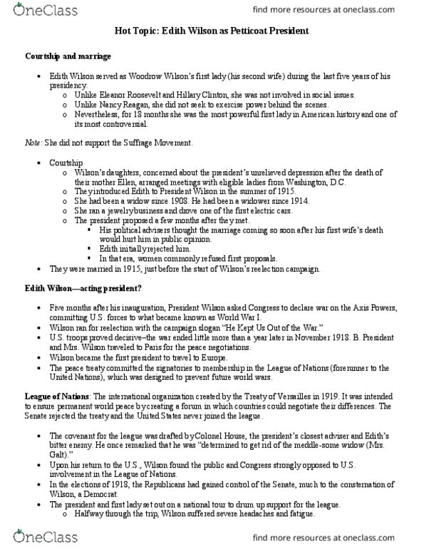 POLS 1113 Lecture Notes - Lecture 24: Eleanor Roosevelt, Nancy Reagan, Edward M. House thumbnail