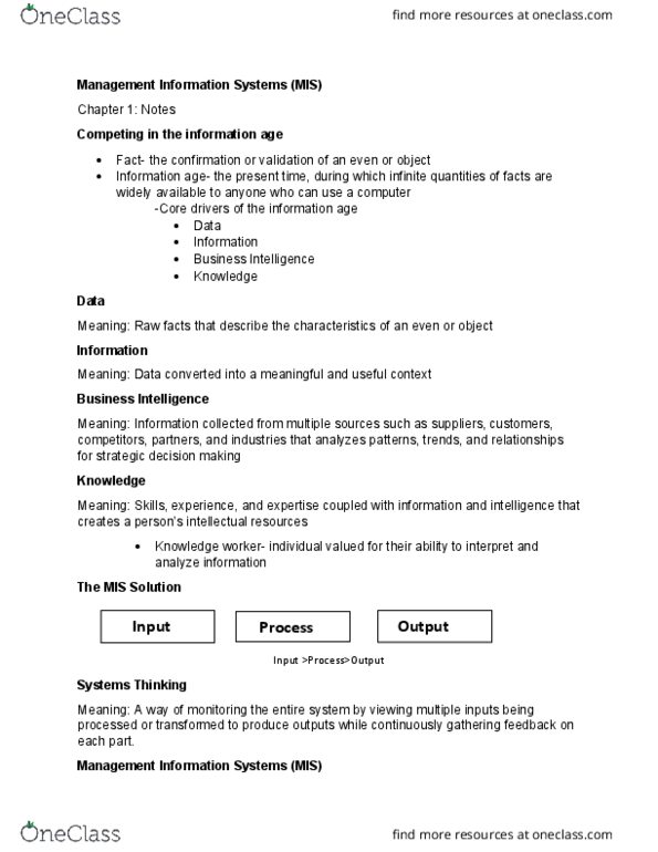 MIS 140 Lecture Notes - Lecture 1: Information Age, Business Intelligence, Knowledge Worker thumbnail