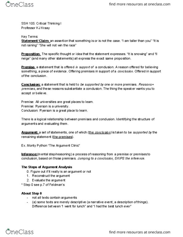 SSH 105 Lecture Notes - Lecture 1: Critical Thinking, Descriptive Knowledge, Argument Clinic thumbnail