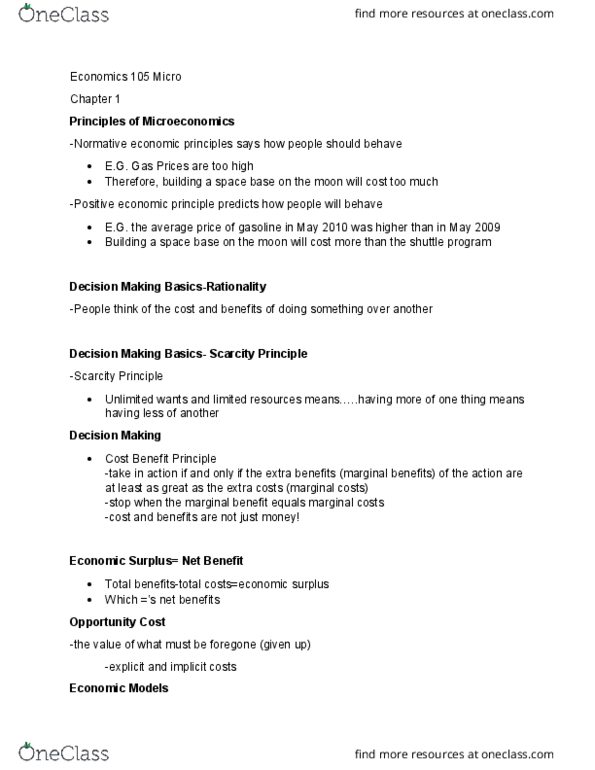 ECO 105 Lecture Notes - Lecture 1: Marginal Utility, Marginal Cost, Average Cost thumbnail