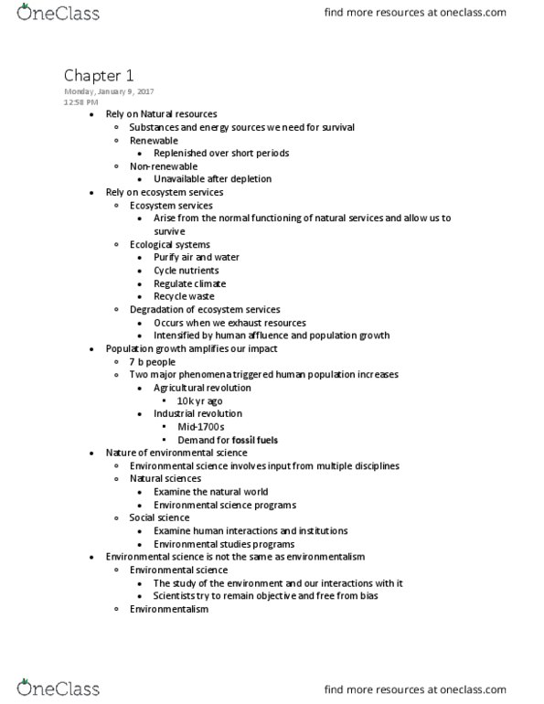 ENVR 101 Lecture Notes - Lecture 1: Ecosystem Services, Industrial Revolution, Environmentalism thumbnail