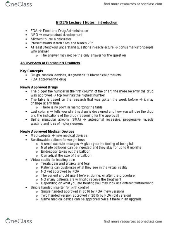 BIO375H5 Lecture Notes - Lecture 1: Spinal Muscular Atrophy, Medical Device, Virtual Reality thumbnail