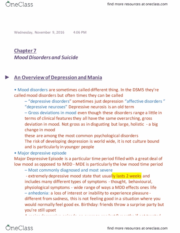 PSY 325 Lecture Notes - Lecture 8: Major Depressive Episode, Major Depressive Disorder, Mood Disorder thumbnail