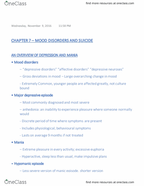 PSY 325 Lecture Notes - Lecture 8: Major Depressive Episode, Mania, Bipolar Disorder thumbnail