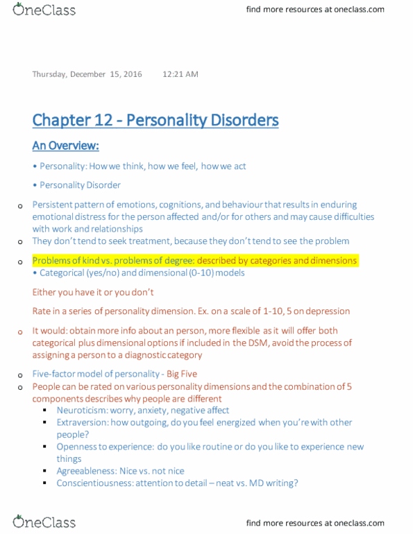 PSY 325 Lecture Notes - Lecture 10: Schizotypal Personality Disorder, Antisocial Personality Disorder, Paranoid Schizophrenia thumbnail