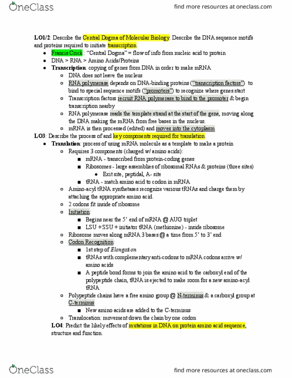 BIOL 1510 Chapter Notes - Chapter 2: Aminoacyl-Trna, Francis Crick, Transfer Rna thumbnail