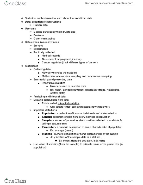 STA 13 Lecture Notes - Lecture 1: Statistical Inference, Descriptive Statistics, Standard Deviation thumbnail