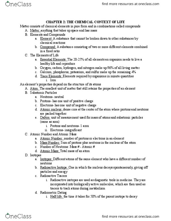 BIL 150 Lecture Notes - Lecture 2: Atomic Nucleus, Unified Atomic Mass Unit, Energy Level thumbnail